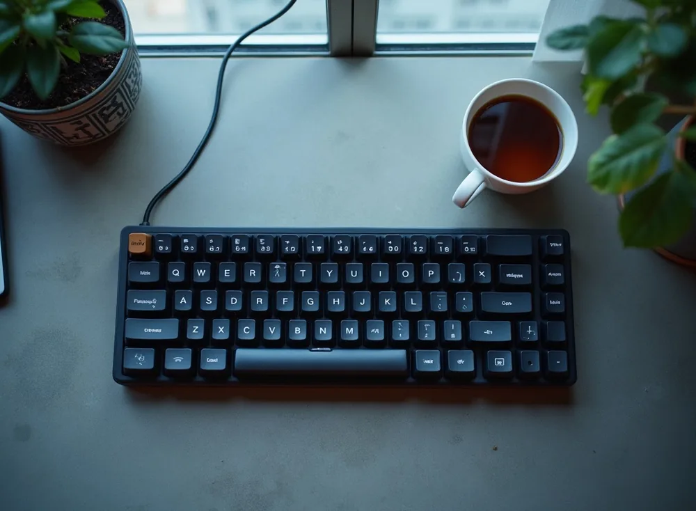 Aerial top-down view of a fully built custom mechanical keyboard with dark keycaps