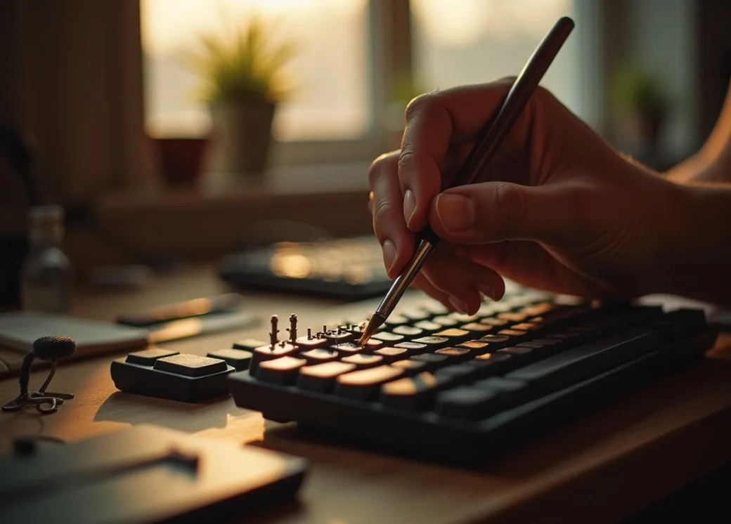 Close-up of focused hands applying lubricant to a mechanical switch stem