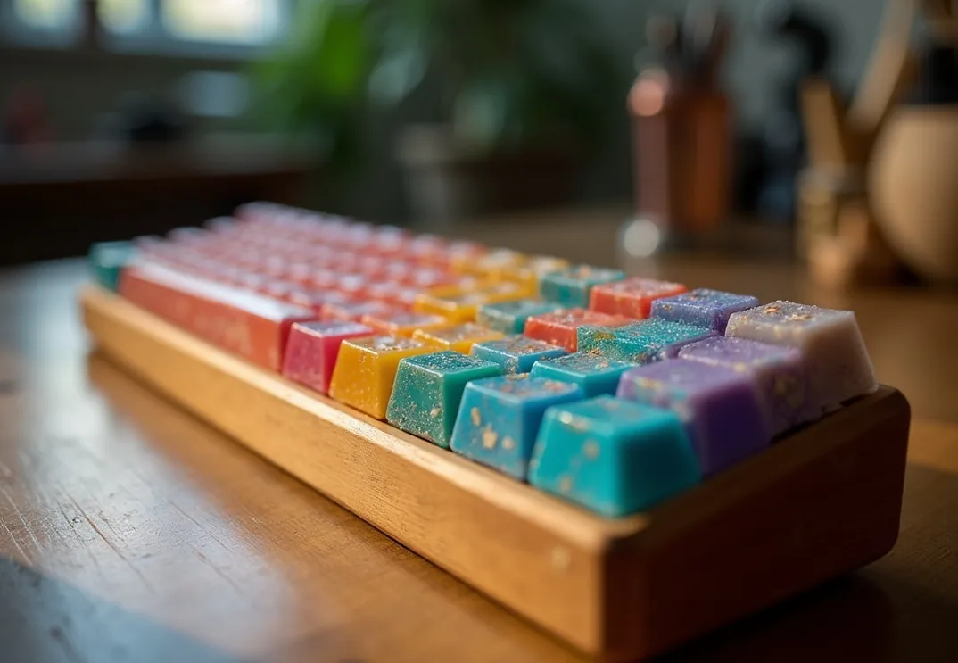 Colorful artisan keycaps displayed on a wooden stand against a blurred workshop