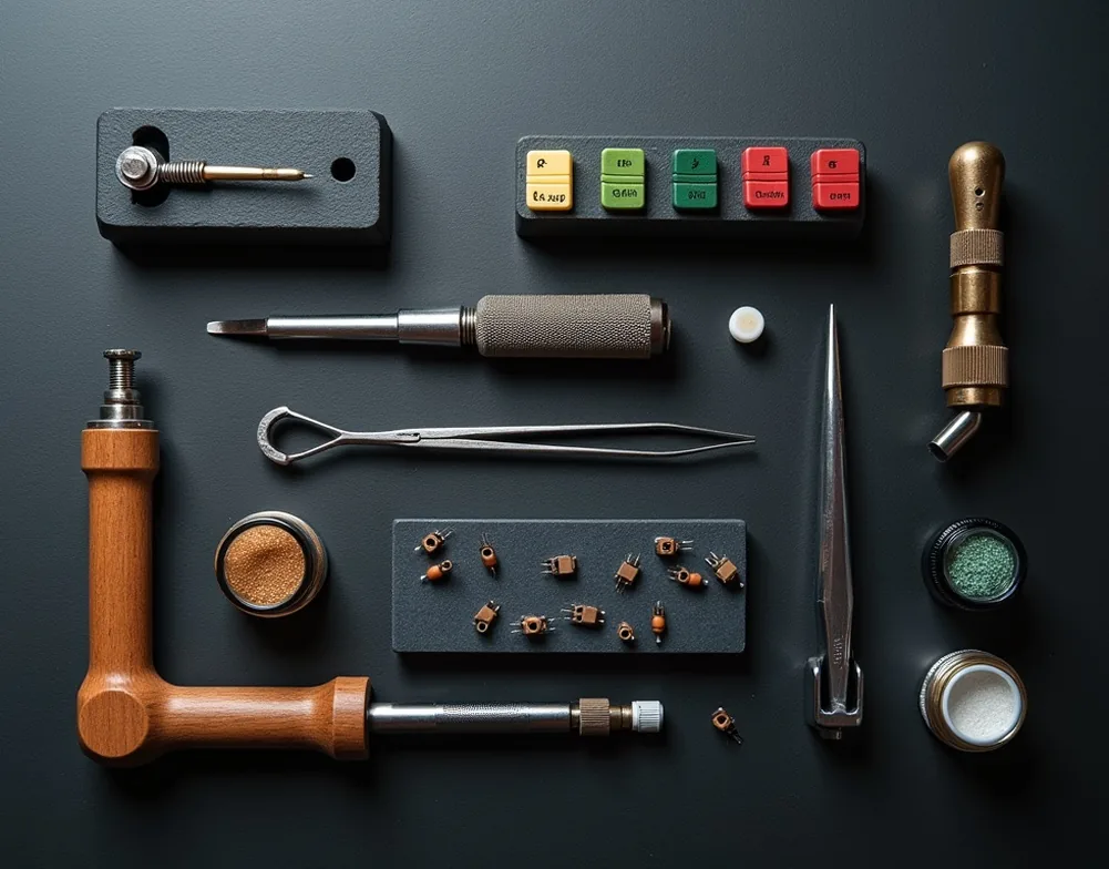 Flat lay of mechanical keyboard building tools on a dark slate surface