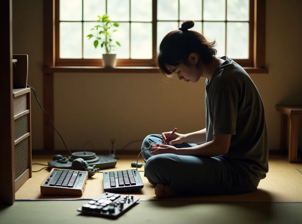 Japanese hobbyist on tatami floor surrounded by keyboard parts and soldering iron