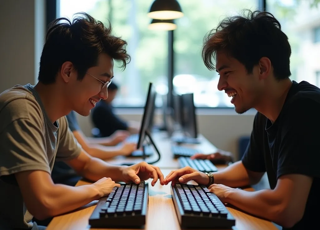 Two friends comparing custom keyboard builds side by side at a shared desk