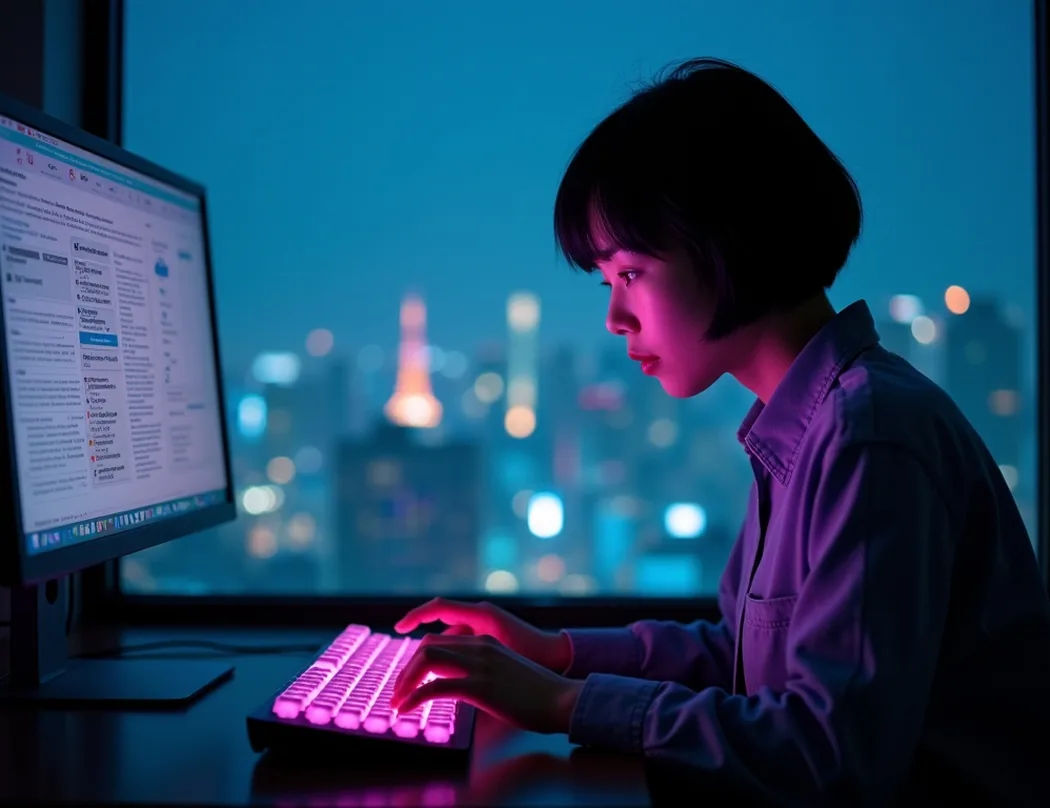 Young Japanese woman typing on a custom keyboard at night face partially illuminated