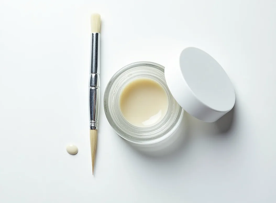 Extreme macro flat lay of Krytox GPL 205 grease jar with fine-tipped lubricant brush